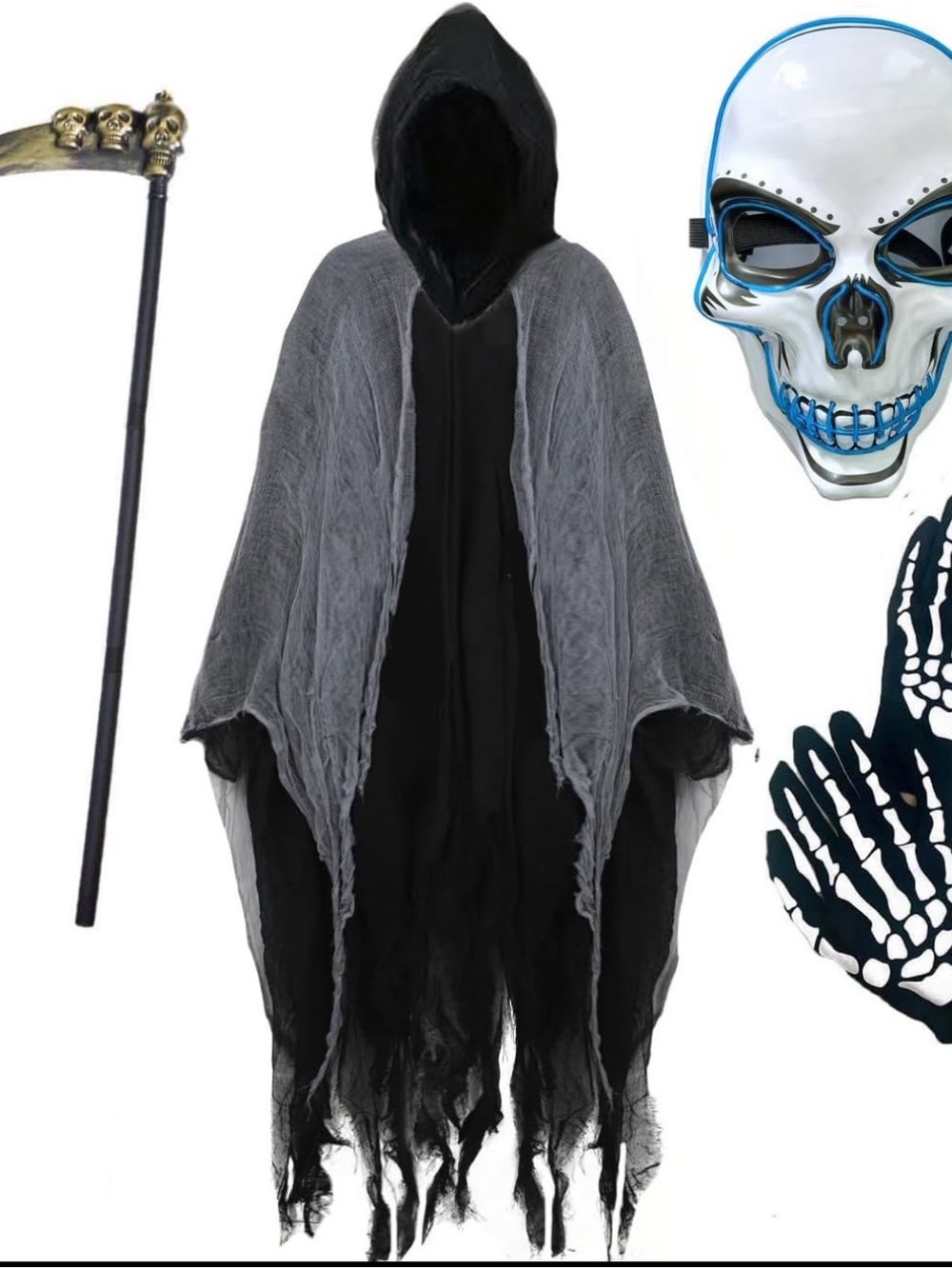 Kids Scary Grim Reaper Halloween Costume LED Mask/Hooded Cloak/Scythe/Gloves Med